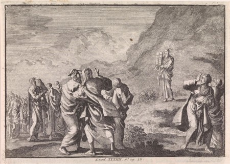 Moses received the law tables and displays them to the people, Jan Luyken, Pieter Mortier, 1703 -