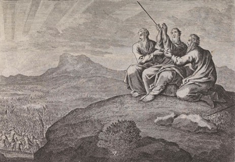 Aaron and Hur strut Moses' hands during the struggle of the people of Israel against the
