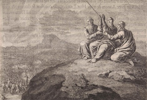 Aaron and Hur strut Moses' hands during the struggle of the people of Israel against the
