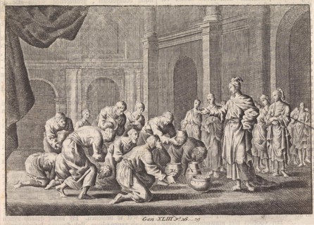 Joseph's brothers kneel before him, Jan Luyken, Pieter Mortier, 1703 - 1762