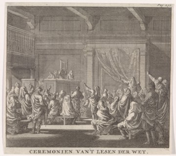 Synagogue where a rabbi reads, print maker: Jan Luyken, Daniel van den Dalen, Hendrik van Damme,