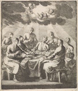 Eight men singing around a table, Jan Luyken, Jan Huygen, Jacobus van Hardenberg, 1700