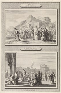 Christ gives advice to a rich young man and the sermon of Christ before the temple, Jan Luyken,