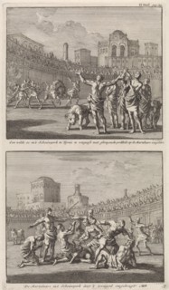 Early Christian martyrs in a Roman arena and Early Christian martyrs who are being slaughtered in