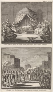 Holy Paula on her deathbed and the holy Paula who is carried to her grave, print maker: Jan Luyken,