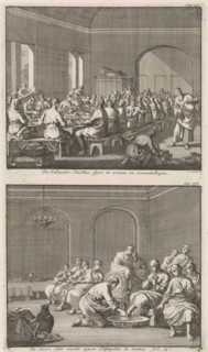 Saint Basil serves a meal to the poor and Christ washing the feet of Peter, Jan Luyken, Jacobus van