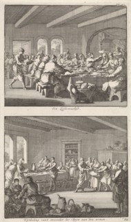 Shared meal among Christians and distributing food to the poor, Jan Luyken, Jacobus van Hardenberg,