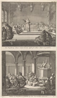 Sermon by a priest at an altar and Paul of Samosata preaching to the early Christian community, Jan