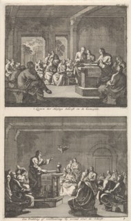 Early Christian community listening to a reading from the Bible and Early Christian community
