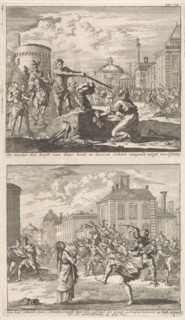 Beheading of a Christian in Rome and Saint Agnes who is protected by a bird, Jan Luyken, Barent