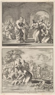 Catechesis of five believers and the baptism of new believers in a river, Jan Luyken, Jacobus van