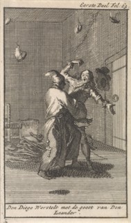 Don Diego struggles with the spirit of Don Leander, Caspar Luyken, Jan Claesz ten Hoorn, 1699