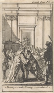 King Louis XIV greet Cardinal Mazarin, Caspar Luyken, Boudewijn van der Aa, 1699