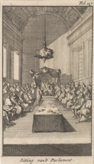 Cardinal Mazarin in a meeting with Louis XIII and his advisers, 1643, Caspar Luyken, Boudewijn van