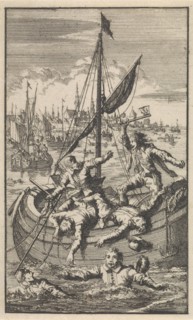 Pietro Ciacconne conquers a boat from Leiden The Netherlands, 1574, Jan Luyken, 1699