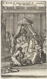 Santillane kneeling in a bedroom in the presence of Guzman, Fabrice, Don Lope and Don Carlos for