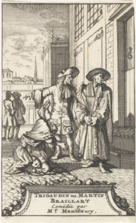 Lucie kneels for La Riviere who is dressed up as a spiritual, print maker: Caspar Luyken, Adriaan