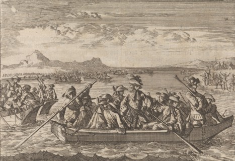 Waldensians chased from Savoy crossing the Lake Geneva in boats back to their country, 1689,
