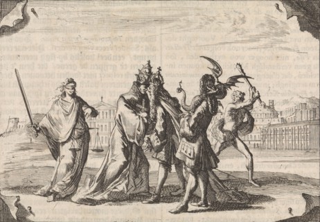 Cartoon about the struggle between Louis XIV and Pope Innocent XI, 1687, Caspar Luyken, Pieter van