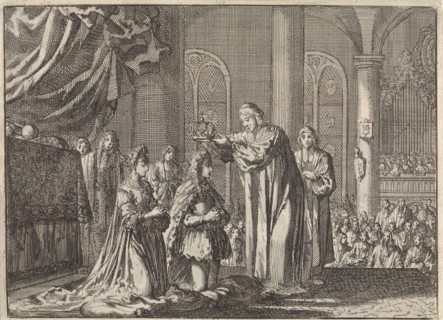 Coronation of William III and Mary II Stuart by the Archbishop of Canterbury, 1689, Jan Luyken,