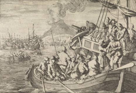 Hungarian Reformed preachers are freed by Michiel de Ruyter near Naples, 1676, Jan Luyken, Pieter
