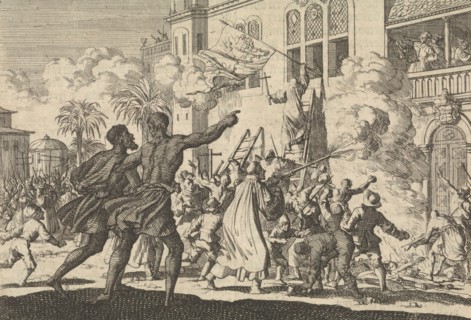 Storming the palace of the viceroy of Mexico, 1623, Jan Luyken, Pieter van der Aa I, 1698