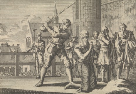 Johan van Barneveld decapitated, 1619, Jan Luyken, Pieter van der Aa (I), 1698