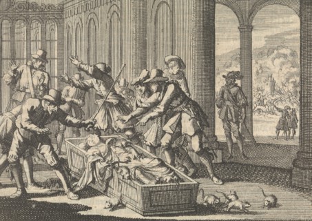 Servants of the Duke of Aumale attempt to shoo away the rats in his coffin, 1591, Jan Luyken,