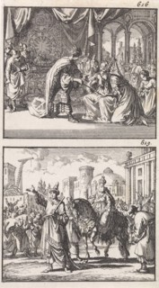 Esther before Ahasuerus, Triumph of Mordecai, Jan Luyken, Barent Visscher, Andries van Damme, 1698