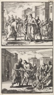 Jeremiah thrown into a pit, Jeremiah pulled out of the pit, Jan Luyken, Barent Visscher, Andries