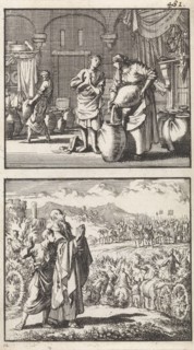 The widow of Zarephath fills the miraculous cruse of oil, Elisa's performance in the war against
