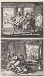 Eglon slain by Ehud, Jael killing Sisera, Jan Luyken, Barent Visscher, Andries van Damme, 1698