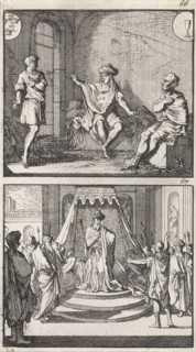 Joseph interprets dreams in jail, Joseph interprets the dreams of the Pharaoh, print maker: Caspar