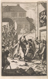 Don Clarazel mistreated by coachmen in an inn near Toulon France, Caspar Luyken, Johannes Broersz,