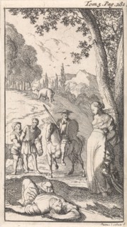 Don Quixote frees Eugenia, Caspar Luyken, Pieter Mortier, 1696