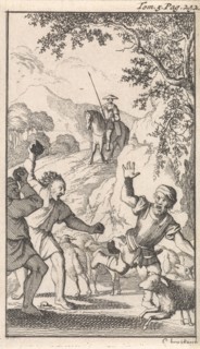 Sancho is stoned by shepherds, print maker: Caspar Luyken, Pieter Mortier, 1696