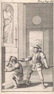 In a church Sancho kneels before an icon and is knighted, Caspar Luyken, Pieter Mortier, 1696