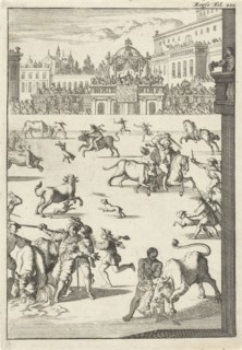 Bullfight in an arena, Caspar Luyken, Willem Broedelet, 1696