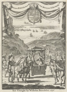 Writer Marie-Catherine d'Aulnoy greeted in a litter by five riders, Jan Luyken, Willem Broedelet,