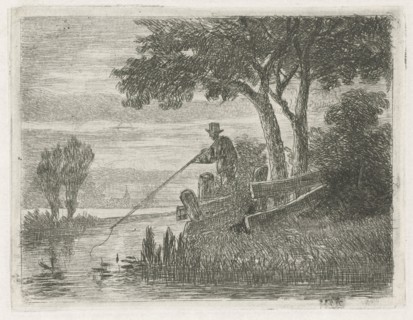 Fishing on the banks of a river, print maker: Hermanus Jan Hendrik van Rijkelijkhuysen, 1823 - 1883