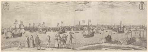 View of the city of Amsterdam on the IJ, The Netherlands, Pieter Bast, 1580 - 1605