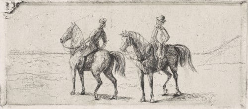 Landscape with two horsemen, print maker: Cornelis Albertus Johannes Schermer, 1839 - 1915