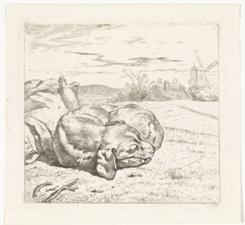Sleeping dog with windmill in the background, Wouter Johannes van Troostwijk, 1792 - 1810