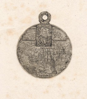 Print from the front of a medal engraved with the portrait and the death of Jacob van Heemskerck,