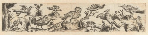 Frieze featuring eleven birds, at the left end is a tree, Hans Collaert (I), Claes Jansz. Visscher