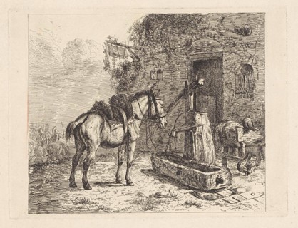Horse before an inn, Abraham Hendrik Winter, 1815-1860