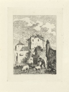 Shepherd with sheep in a village, Jan Izaak van Mansvelt, 1771 - 1802