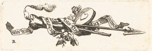 Vignette featuring a burning torch, arrow, heart and ribbon with the inscription non erubecsendis