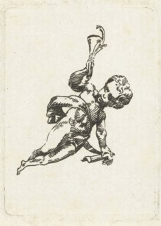 Vignette with putto with trumpet and palm, print maker: Willem Bilderdijk, 1766 - 1831