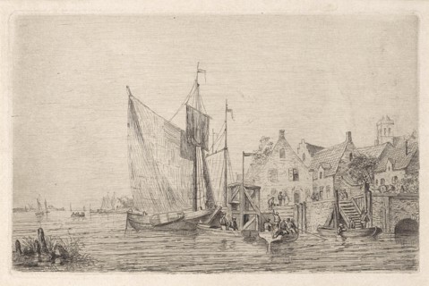 Sailing ships and boats at the wharf in a village, Henri Adolphe Schaep, 1856